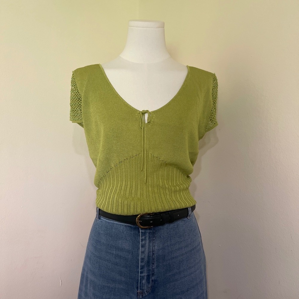 Sigrid Olsen Silk Blend Beaded Crochet Sleeve Ribbed Knit Top Lime Green Medium